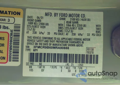 2021 Ford Bronco Sport Big Bend z USA, uszkodzony, nr VIN 3FMCR9B60MRA90888